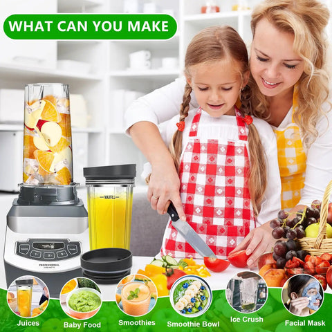 Mother and daughter making smoothies with a blender and 16oz Ninja cup set, showcasing Two Pack 16oz Single Serve Cups With To Go Lids And Six Fin Blade Assembly Replacement Parts For Ninja Blenders Compatible With BL660 BL780 1200W Series And 30 Series Models Built For Quick Smoothies On The Fly.