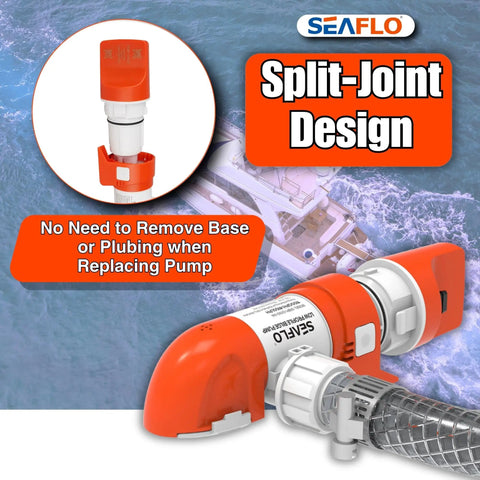 14A Series Narrow Low Profile Bilge Pump With Water Level Sensing, Automatic Operation, 1100 GPH, 12V DC, side view close-up