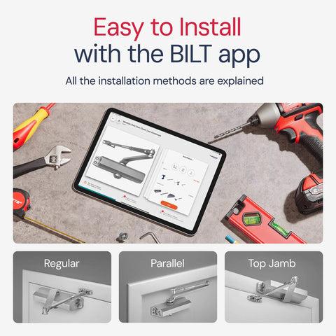 Built Tough Heavy Duty Surface Mounted Automatic Door Closer for home garage with installation via BILT app interface.