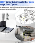 Aluminum Screw Drive Coupler 30257T for Garage Door Opener Replacement Connects Motor to Screw Drive Rail Durable Upgrade for DIY Home Openers Easy Install illustration and installed view.