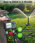 Two Zone Digital Sprinkler Timer for Garden Hose and Yard Irrigation with Rain Delay, attached to outdoor faucet, easy setup