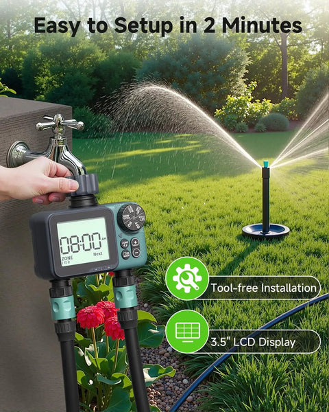 Two Zone Digital Sprinkler Timer for Garden Hose and Yard Irrigation with Rain Delay, attached to outdoor faucet, easy setup
