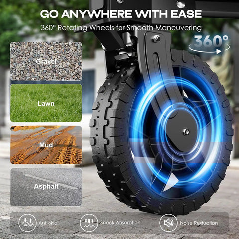 Collapsible wagon with 360° rotating all-terrain wheel for smooth maneuvering on gravel, lawn, mud, and asphalt surfaces.