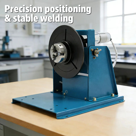 Dead Center 110V Rotary Welding Positioner Turntable With Iron Grip 2.5 Inch Three Jaw Chuck, side view on workbench.