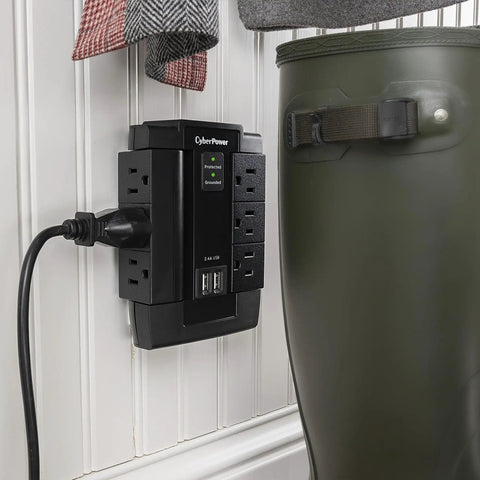 Six Swivel Outlet Surge Protector With 1200J Surge Protection, 125V, Two USB Ports, Wall Tap Design in home setting