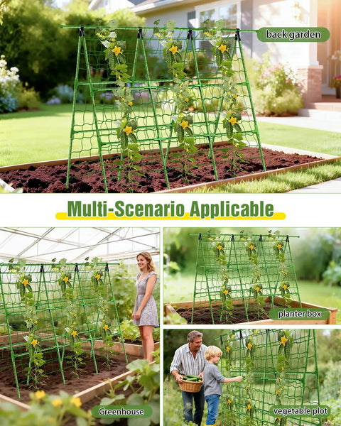 Adjustable A-Frame Garden Trellis for Raised Beds with climbing net and plant clips in various garden settings