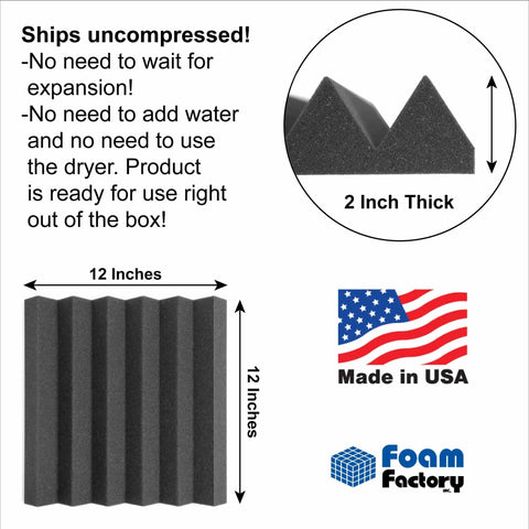 Heavy Duty Pro Grade Acoustic Foam Panels 24 Pack Charcoal Studio Soundproofing Wedge Wall Tiles 12 By 12 By 2 Inch thick side view