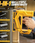 Smooth Operator 3 In 1 Cordless Brad Nailer Compatible With Dewalt 20V Max Battery Tool Only showing nail and staple compatibility.