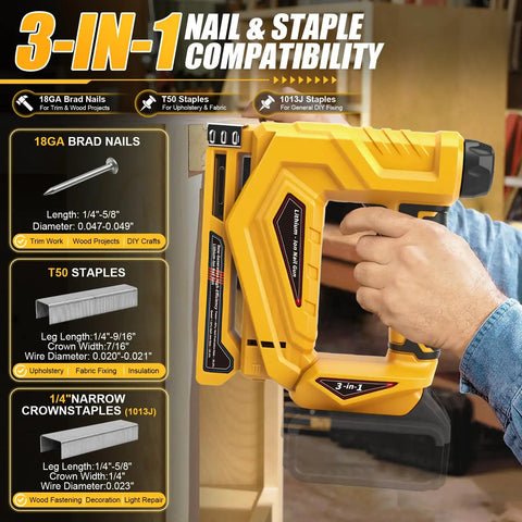 Smooth Operator 3 In 1 Cordless Brad Nailer Compatible With Dewalt 20V Max Battery Tool Only showing nail and staple compatibility.