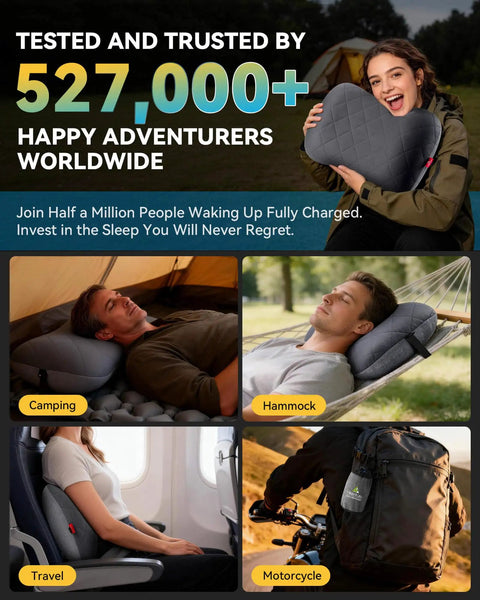 Ultralight Inflatable Travel Neck Pillow With Removable Cover in use during camping and travel