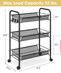 Three Tier Metal Rolling Cart With Mesh Wire Shelving And Wheels, Easy Assembly Utility Trolley, front view with dimensions