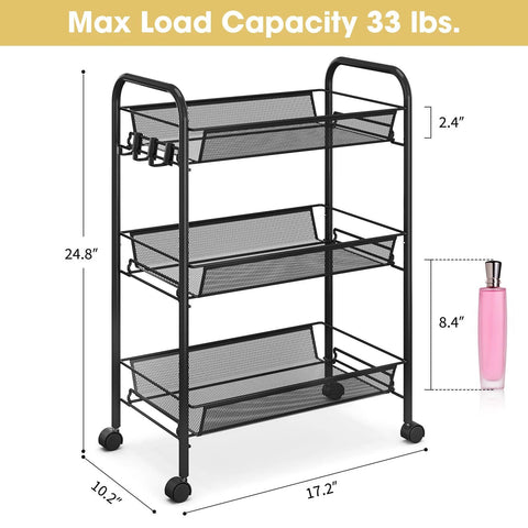 Three Tier Metal Rolling Cart With Mesh Wire Shelving And Wheels, Easy Assembly Utility Trolley, front view with dimensions