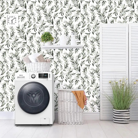 Laundry room with leaf peel and stick wallpaper in dark green with eucalyptus leaves self adhesive wall covering for bathroom and living room.