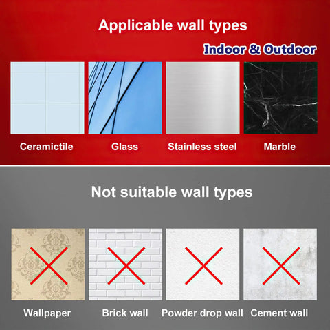 Image showing applicable wall types for Nine Piece Wall Hook Set With Twelve Adhesive Strips: ceramic tile, glass, stainless steel, marble.