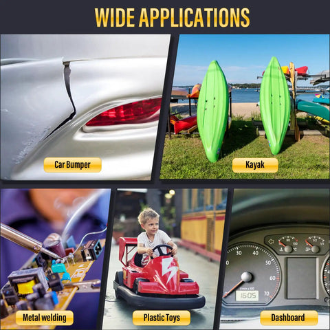 Wide applications of Pro Grade 150W Plastic Welder Kit With 3 Speed Temperature Control on car bumper, kayak, metal, toys, dashboard.