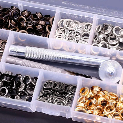 Grommet Eyelets Kit 240 Sets 6 mm Inner Diameter One Quarter Inch 4 Colors with install tools in clear case
