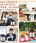 Set Of Two Heavy Duty Thermal Coffee Carafe And Creamer Pitcher In Sleek Silver Finish, used in an office, kitchen, and outdoor settings.