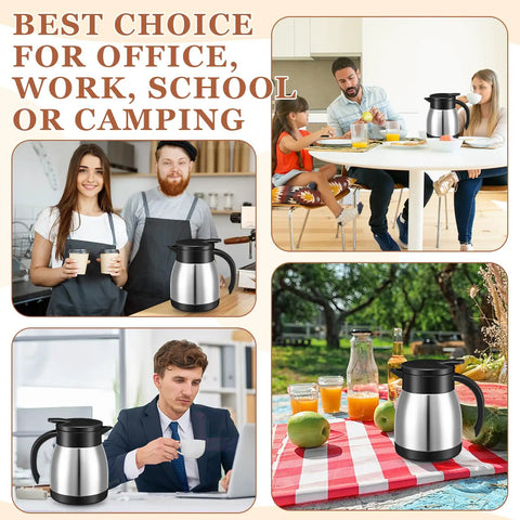Set Of Two Heavy Duty Thermal Coffee Carafe And Creamer Pitcher In Sleek Silver Finish, used in an office, kitchen, and outdoor settings.