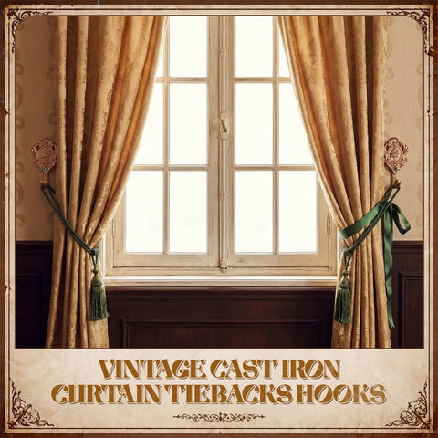 Built Tough Six Pack Vintage Curtain Tieback Hooks With Real Sharp Carved Rose Design Heavy Duty Cast Iron Wall Hooks For Coats Towels Keys Ready To Hang Gold Finish, displayed on window curtains.