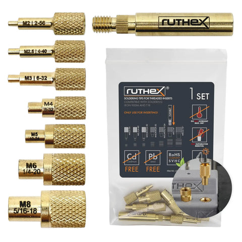 7X Soldering Tips And Heat Set Insert Tips For Thread Inserts M2 To M8 And Threaded Inserts Sizes Two Fifty Six To Ten Twenty Four One Quarter Inch Soldering Iron Adapter For 900M And T18 Pro Grade Soldering Accessory, displayed with packaging and brass tips