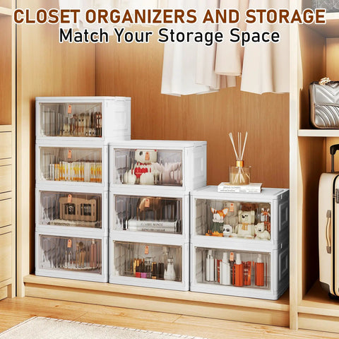 Four Tier Storage Bins With Lids On Wheels, 23QT Each, Stackable Closet Organizers for Home, visible inside a closet.