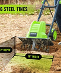 16 Inch Corded Electric Tiller With 13.5 Amp Motor, Beast Of A Garden Cultivator showing 6 steel tines, tilling soil