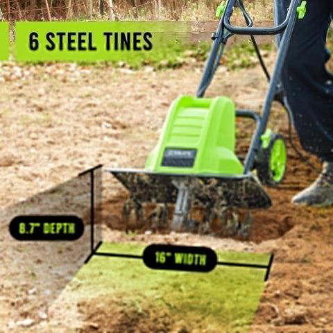 16 Inch Corded Electric Tiller With 13.5 Amp Motor, Beast Of A Garden Cultivator showing 6 steel tines, tilling soil