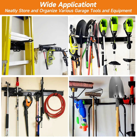Heavy Duty 48 Inch Wall Mount Garden Tool Organizer Rack With Six Hooks For Yard Tools, Rakes And Shovels, Garage Storage System