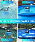 Above Ground Pool Cover Pump Submersible Sump Pump For Draining Water Fast 850 GPH Blue shown with various uses in a collage
