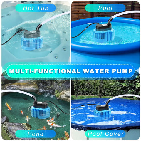 Above Ground Pool Cover Pump Submersible Sump Pump For Draining Water Fast 850 GPH Blue shown with various uses in a collage