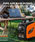 2500 Watt Portable Inverter Generator Ultra Quiet On The Go Power For Camping And Tailgating Plus Home Backup with CO Sensor showcasing pure sine wave output, powering laptop and camera on outdoor table.