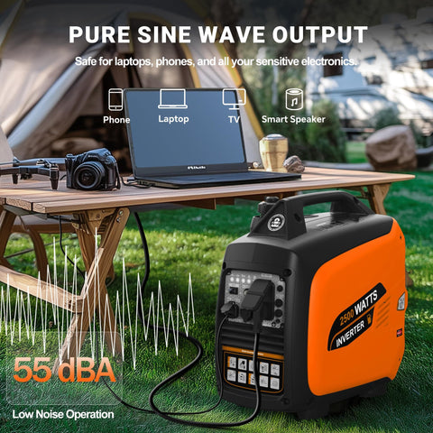 2500 Watt Portable Inverter Generator Ultra Quiet On The Go Power For Camping And Tailgating Plus Home Backup with CO Sensor showcasing pure sine wave output, powering laptop and camera on outdoor table.