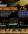 Product information for 8 Gang Switch Panel With Auto Dimmable LED Touch Control, suitable for 12-24V vehicles, IP65 waterproof.