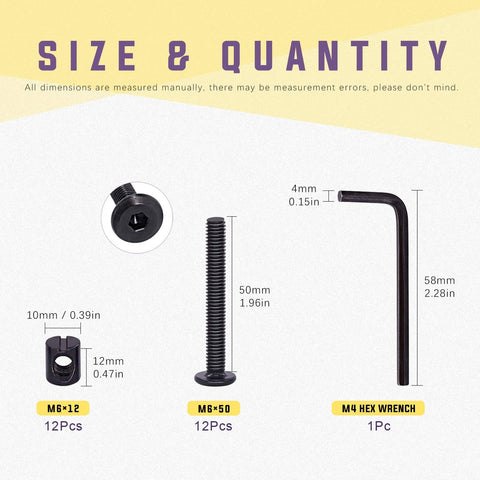 Black M6x50mm crib hardware screws with barrel nuts and Allen wrench pack of 25 for furniture cots and cribs size chart