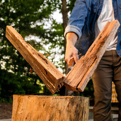 Top Shelf 14 Inch Wood Splitting Maul With Forged Steel Head and Kickless Grip splitting wood in action outdoors.
