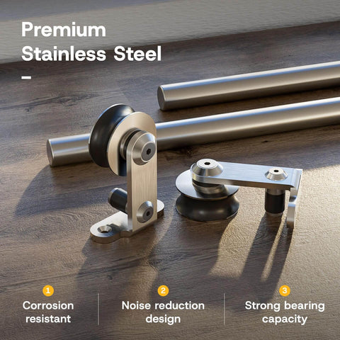 Heavy Duty Stainless Steel Top Mount Sliding Barn Door Hardware Kit for Interior or Exterior Use with Ultra Quiet Rollers