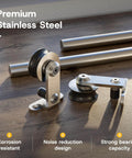 Beefy 72 Inch Top Mount Sliding Barn Door Hardware Kit in stainless steel with ball bearing rollers on wooden surface.