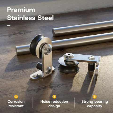 Top Mount Sliding Barn Door Hardware Kit Built Tough With Heavy Duty Stainless Steel Track And Slick Ball Bearing Rollers, parts shown.
