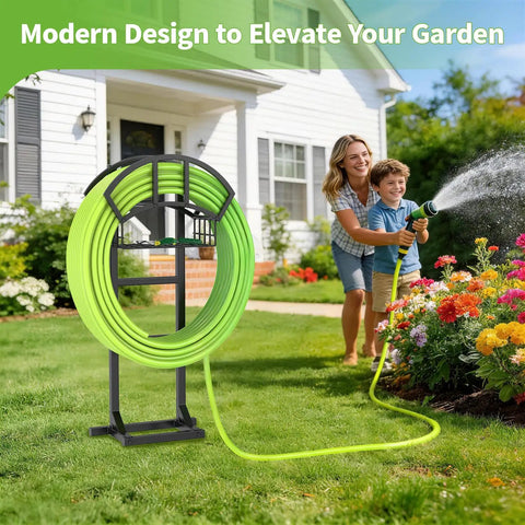 Garden Water Hose Holder And Freestanding Hose Reel Rack With Storage Basket Heavy Duty Metal Stand With 5 Spikes For Patio Yard And Lawn Holds 151 Feet Of Hose Black in garden setting