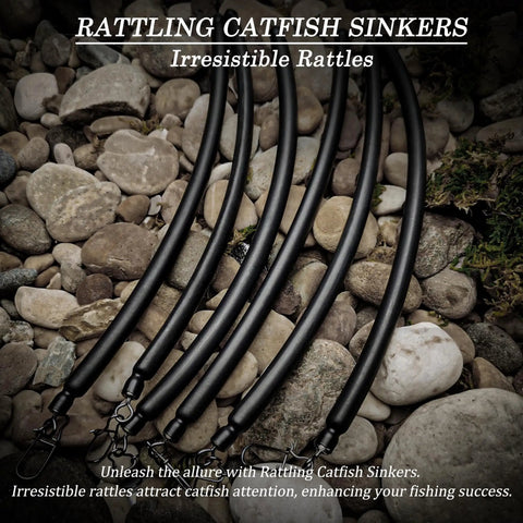 Dragging Weights For Catfish Sinker Kit No Snag Drag Weights displayed on rocks, 6 pcs each with rattles and snagless design.