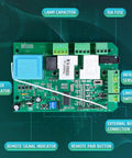 AC Sliding Gate Opener Control Board Replacement with labeled components like infrared sensor, lamp capacitor, and remote buttons.