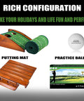 Indoor Outdoor Golf Putting Mat With Auto Ball Return System on wood base, with practice ball and box