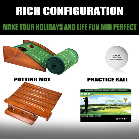Indoor Outdoor Golf Putting Mat With Auto Ball Return System on wood base, with practice ball and box
