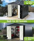 8x8 Ft Outdoor Storage Shed with Upgraded Metal Frame and Lockable Doors, weatherproof with tools and gear inside.