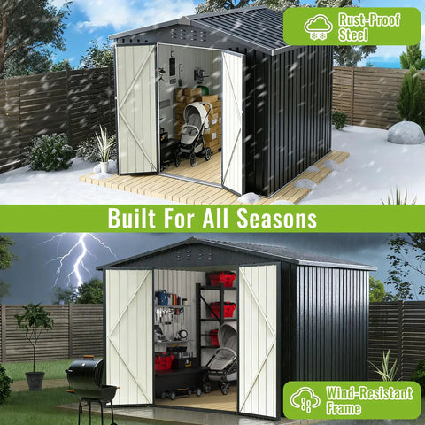 8x8 Ft Outdoor Storage Shed with Upgraded Metal Frame and Lockable Doors, weatherproof with tools and gear inside.