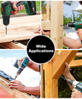 Heavy Duty Wood Screws With Star Drive For Decks And Timber Projects, Rust Resistant Outdoor Grade Screws For Timber Log And Landscaping Wood, Two And Seven Eighths Inches Long, Fifty Pieces, Black Finish shown in multiple outdoor timber applications using drills.
