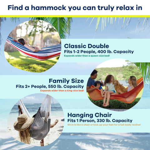 Image showing three hammocks with descriptions: Classic Double, Family Size, Hanging Chair for diverse relaxation needs.