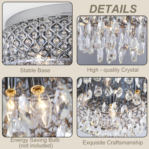 Crystal Chandelier 19.5 Inch 5 Light Vintage Ceiling Fixture With Drum Raindrop Shade In Chrome Finish For Living Room Kitchen Dining Room Entryway Boss Level Sparkle Flush Mount Lighting details showing high-quality crystals and stable base.