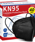 Box of KN95 Face Mask 40 Count 5-Ply Cup Design in Black, showing mask with ear loops and packaging
