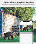 Solar-Powered Wireless Outdoor Security Camera with 360 Degree Pan-Tilt monitoring bear near shed on smartphone app.